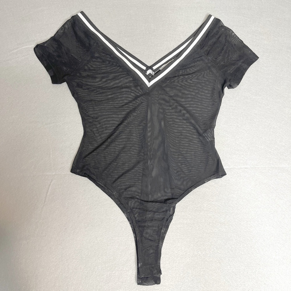 Charlotte‎ Russe Black Mesh V Neck Bodysuit Striped Trim Womens Small